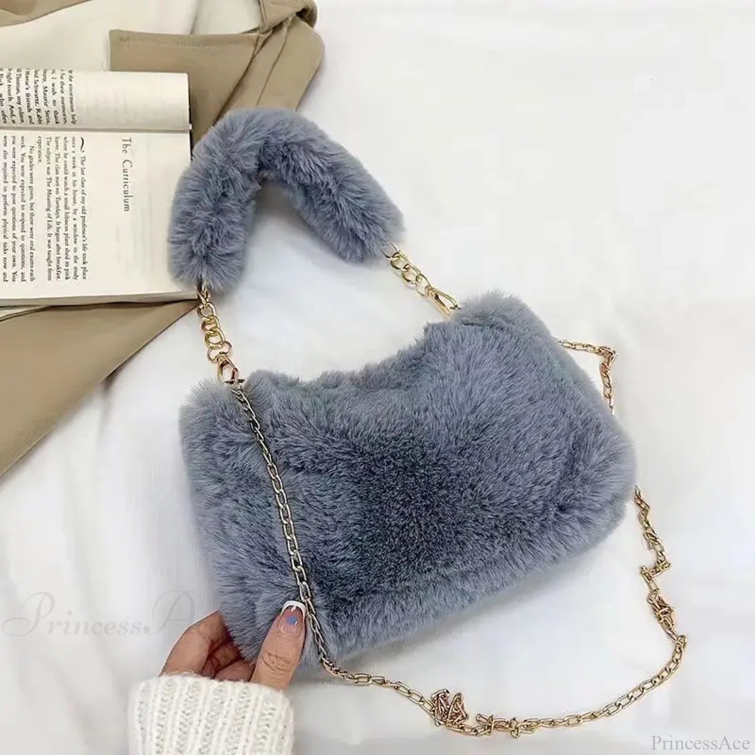 Winter Plush Fluffy Small Square Crossbody Handbag Grey handbag-250126