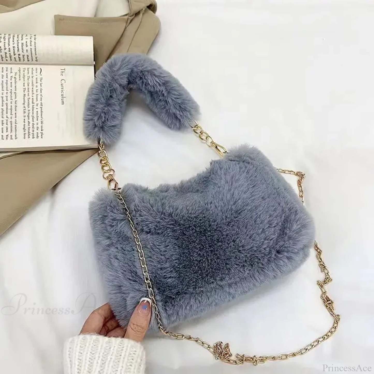 Winter Plush Fluffy Small Square Crossbody Handbag Grey handbag-250126