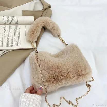 Winter Plush Fluffy Small Square Crossbody Handbag Khaki handbag-250126