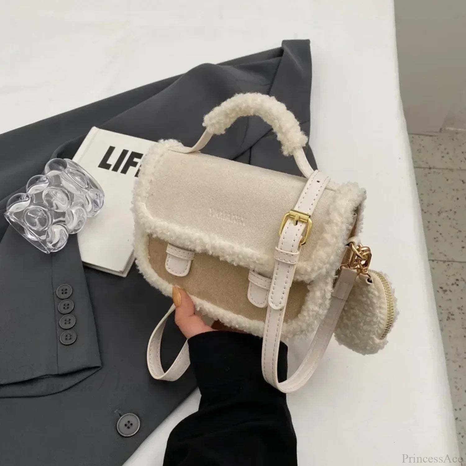 Winter Plush Small Square Crossbody Handbag Beige handbag-250126