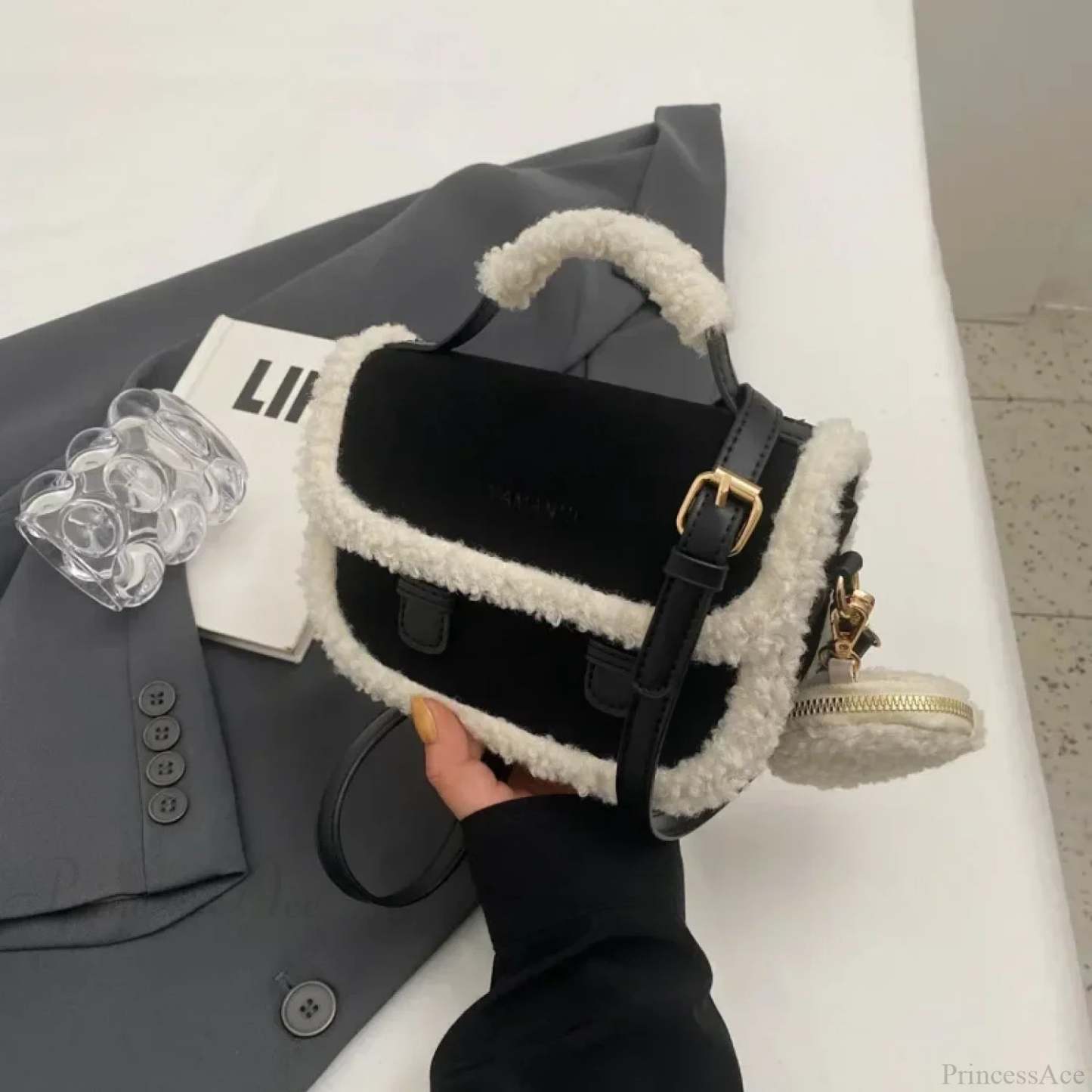 Winter Plush Small Square Crossbody Handbag Black handbag-250126