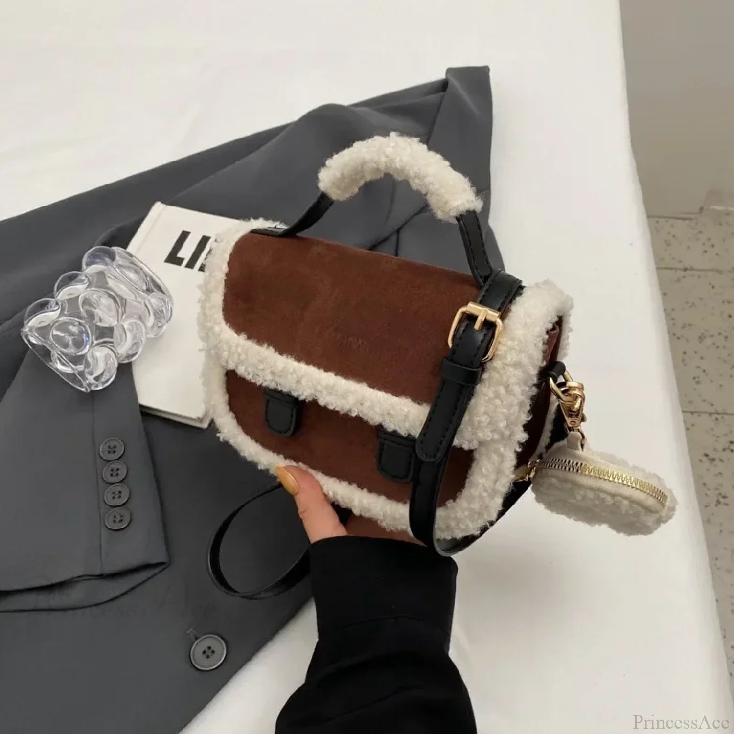 Winter Plush Small Square Crossbody Handbag Coffee handbag-250126