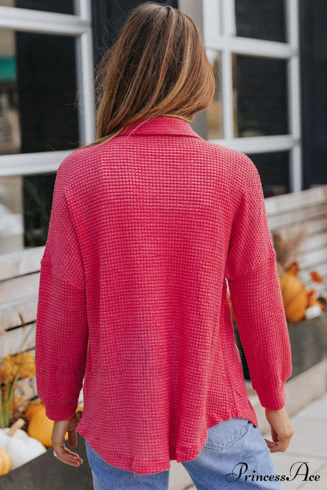 With Blouse Waffle-Knit Dropped Neck Collared Shoulder Coats-L