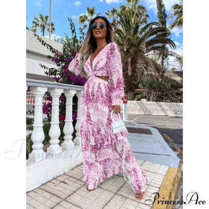 Women Boho Print Long Sleeve Maxi Dress Blue / S