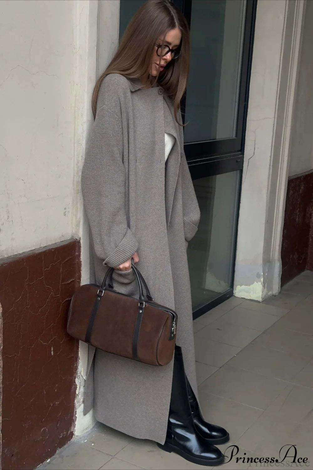 Wool Blend Lapel Tie Waist Long Overcoat