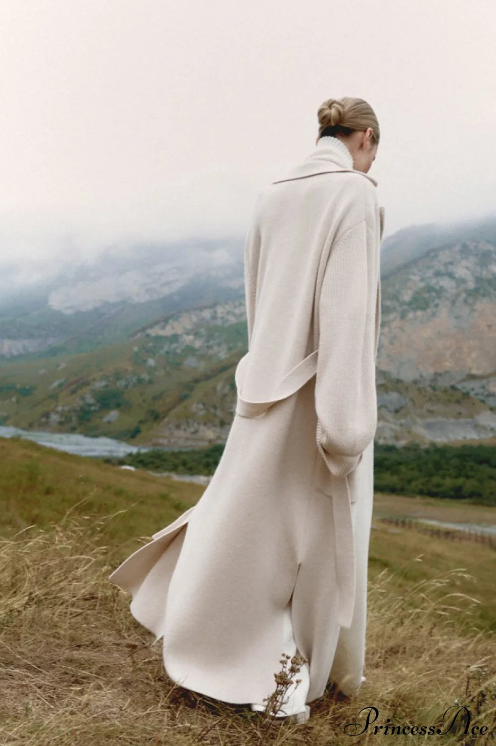 Wool Blend Lapel Tie Waist Long Overcoat Apricot / S