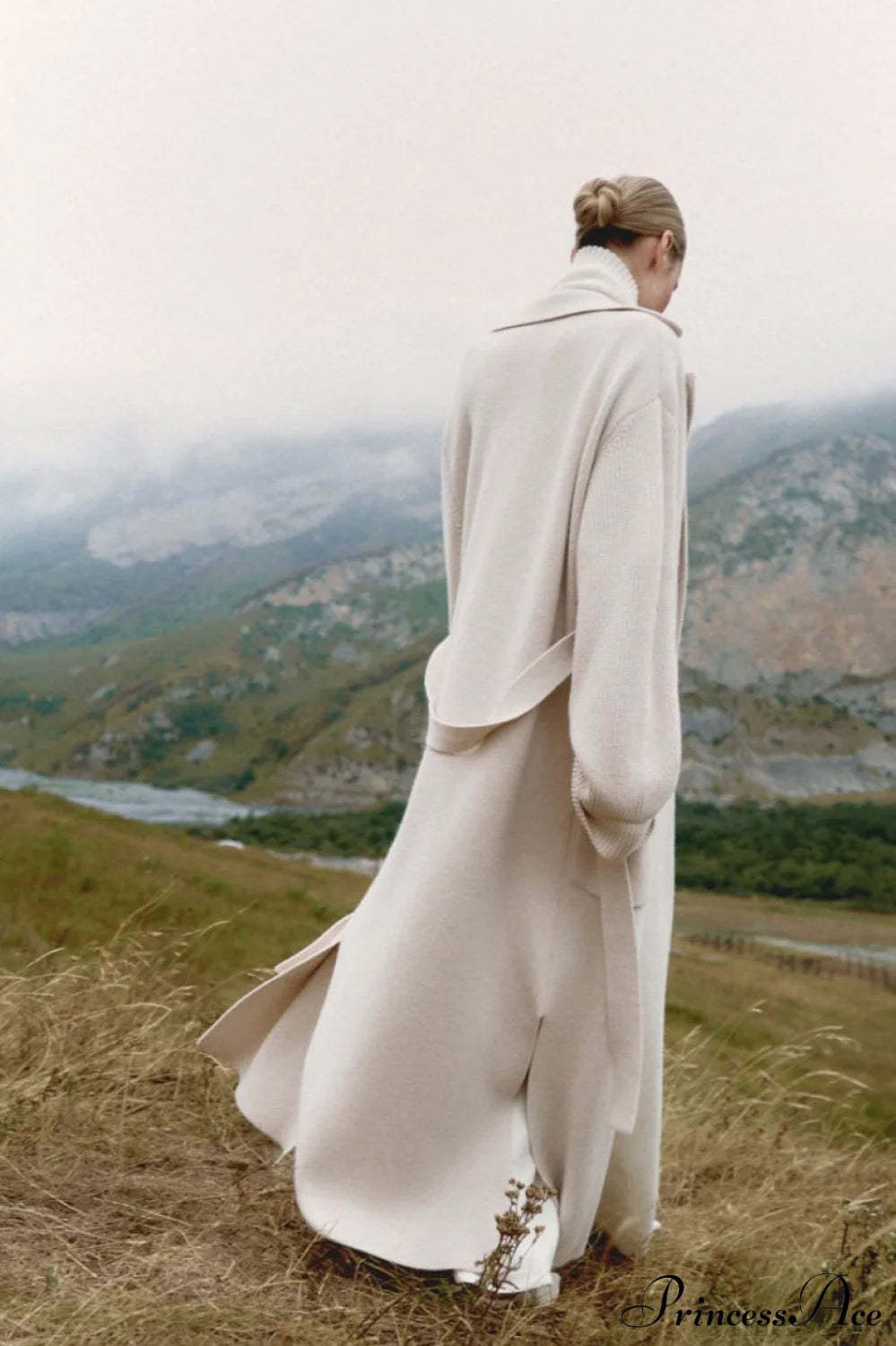 Wool Blend Lapel Tie Waist Long Overcoat Apricot / S