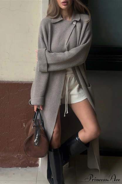 Wool Blend Lapel Tie Waist Long Overcoat Grey / S