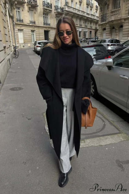 Woolen Tweed Mid Length Work Overcoat Black / S