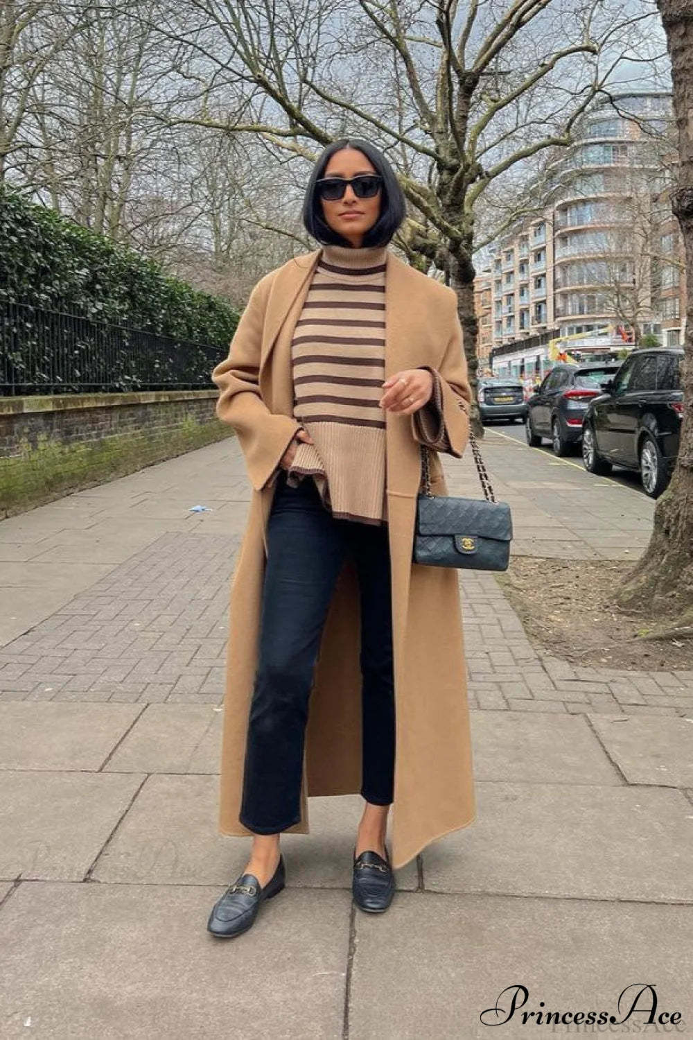 Woolen Tweed Mid Length Work Overcoat Brown / S