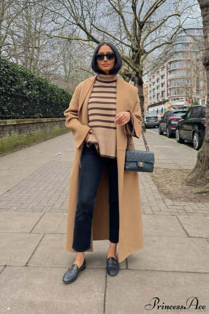 Woolen Tweed Mid Length Work Overcoat Brown / S