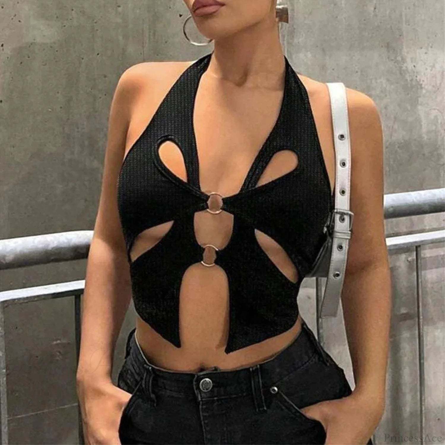 Y2K Circular Camisole Grunge Crop Top Black / S