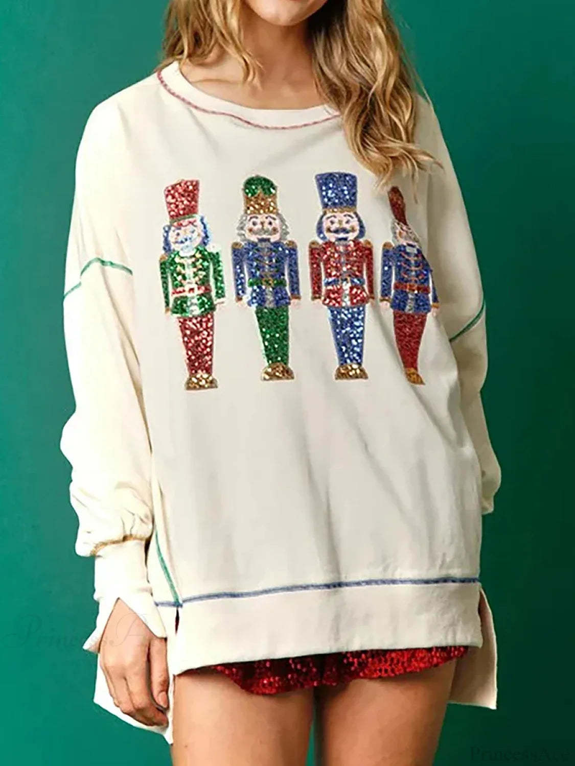 Y2K Nutcracker Graphic Sequin Long Sleeve Crewneck Pullover Christmas Hoodie Beige / S Hoodies-L