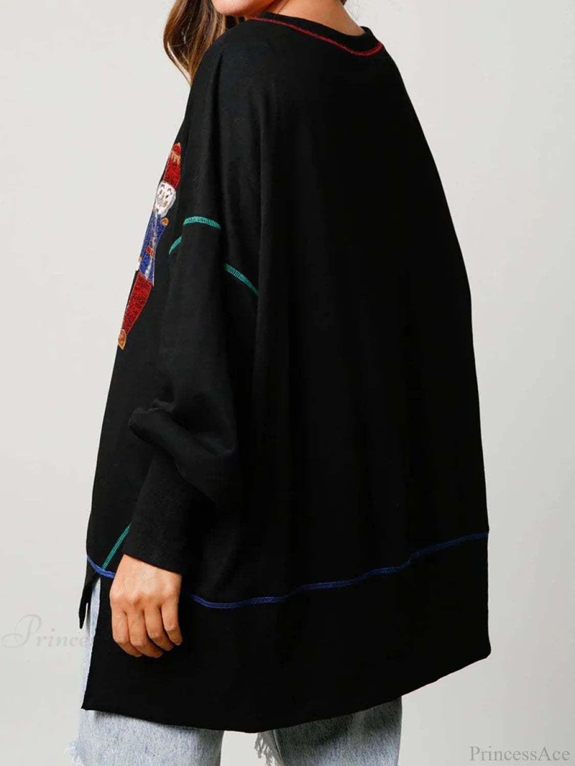 Y2K Nutcracker Graphic Sequin Long Sleeve Crewneck Pullover Christmas Hoodie Hoodies-L