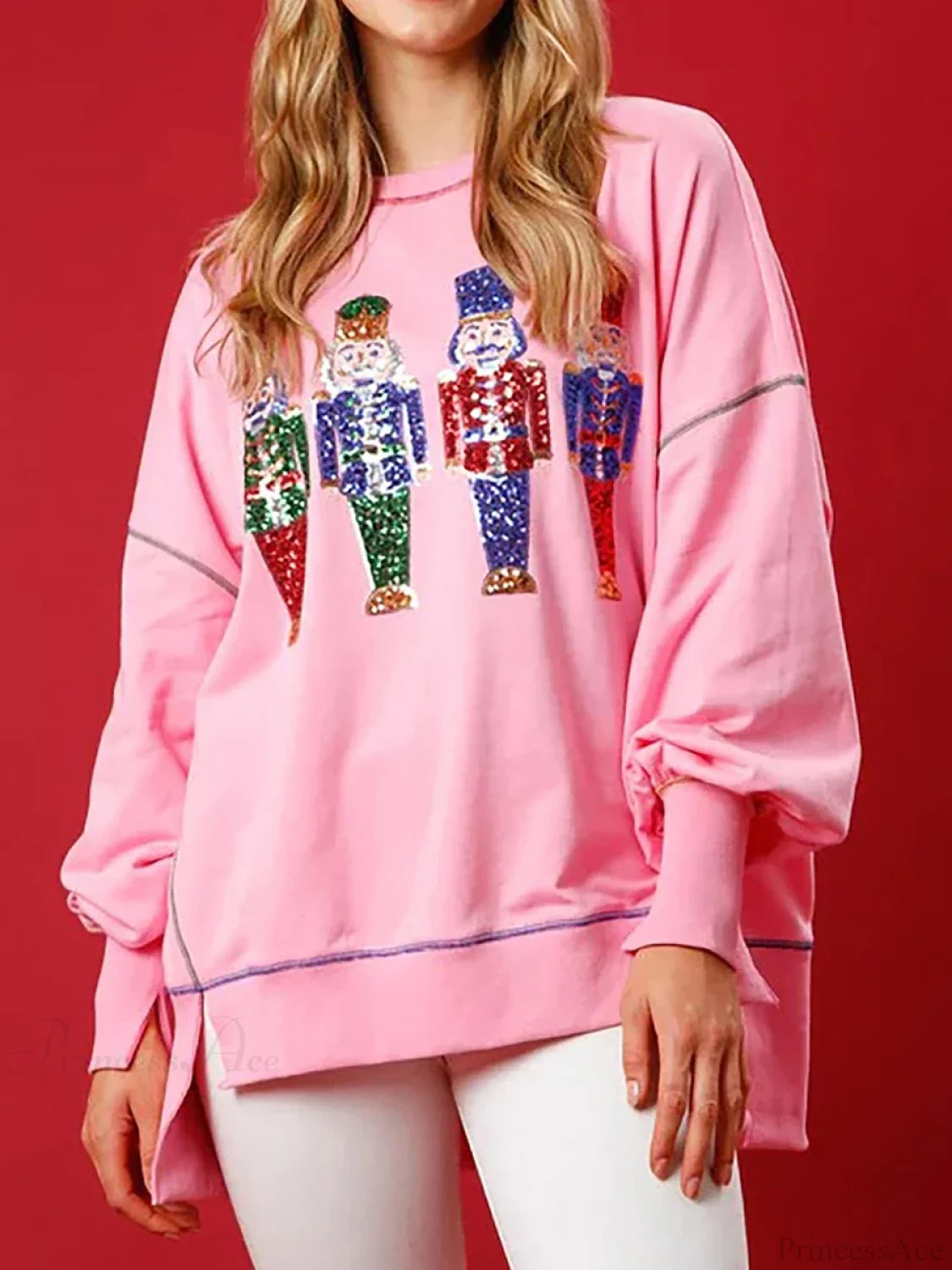 Y2K Nutcracker Graphic Sequin Long Sleeve Crewneck Pullover Christmas Hoodie Pink / S Hoodies-L