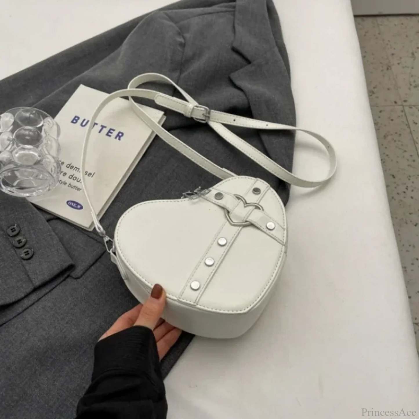 Y2K Rivet Heart-Shaped Crossbody Bag Beige crossbody-250126