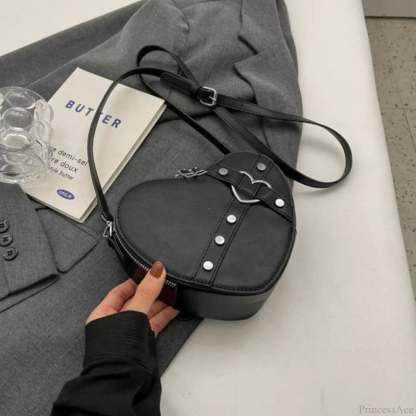 Y2K Rivet Heart-Shaped Crossbody Bag Black crossbody-250126