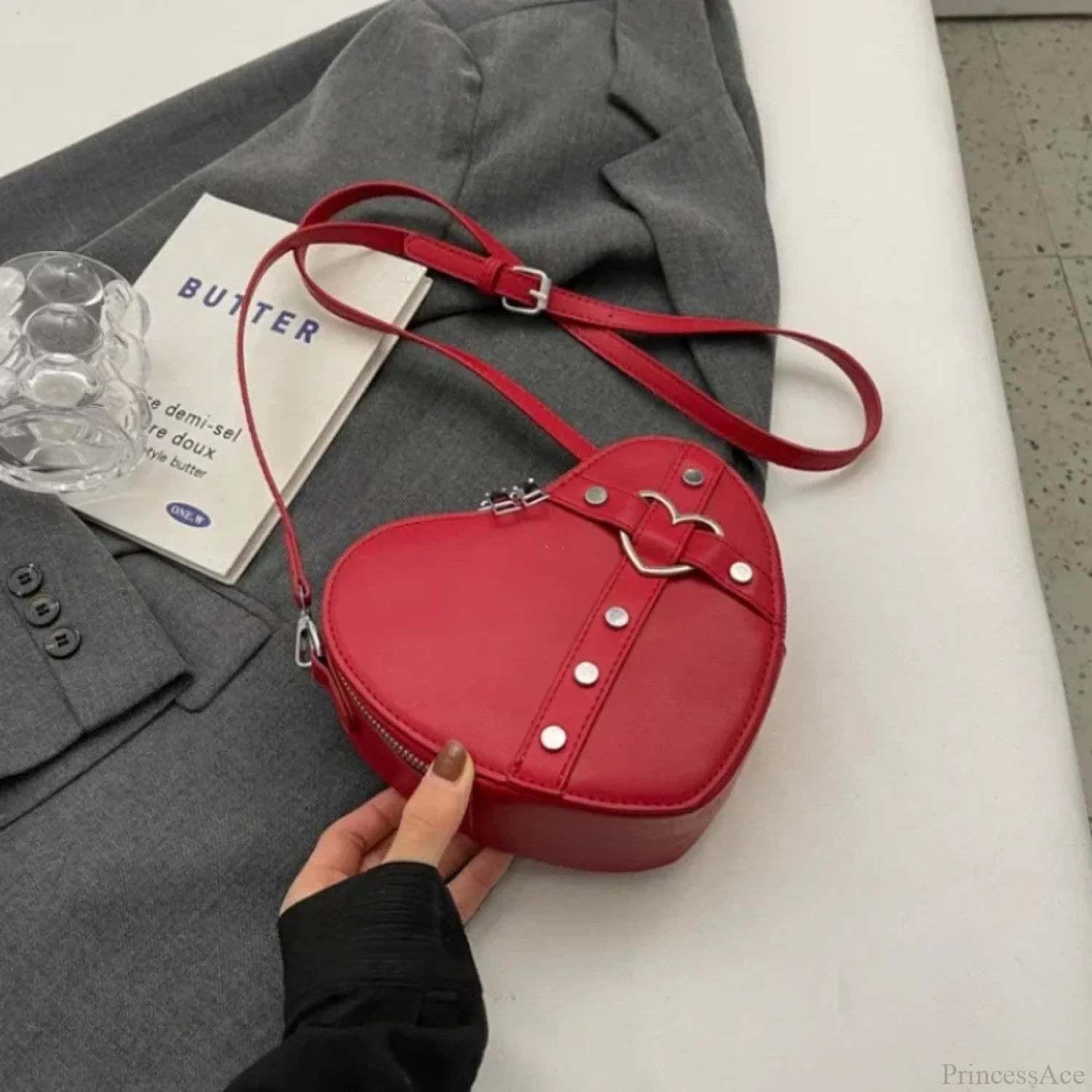 Y2K Rivet Heart-Shaped Crossbody Bag WineRed crossbody-250126
