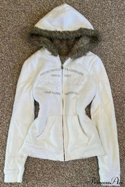 Y2K Solid Fleece Embroidered Letter Zip Hoodie White / S