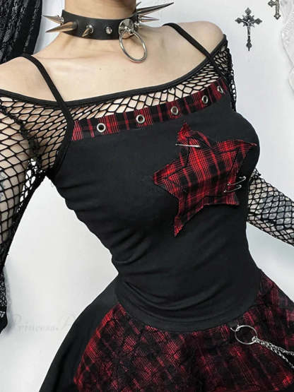 Y2K Tartan Patchwork Cyber Punk Crop Top Black / S