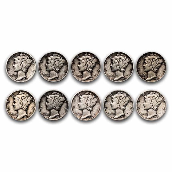 $1.00 Face Value 90% Mercury Dimes Avg Circ