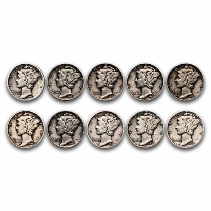 $1.00 Face Value 90% Mercury Dimes Avg Circ
