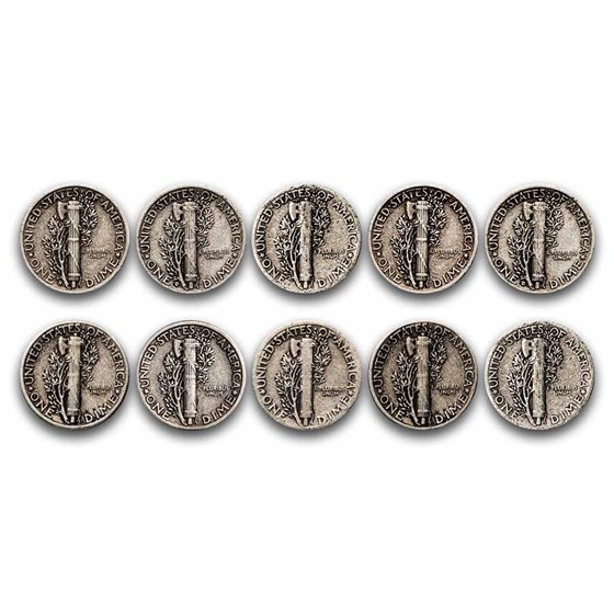 $1.00 Face Value 90% Mercury Dimes Avg Circ