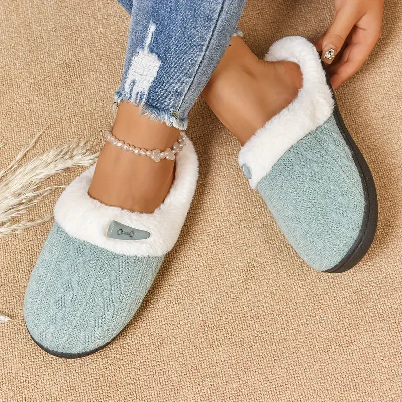 womens slip   slippers with insole non slip backless indoor outdoor shoes plush navy blue winter footwear asian sizes   perfect gift for women mom wife   cold weather footwear ladies slippers fluffy   fur design knitted upper Product details 3