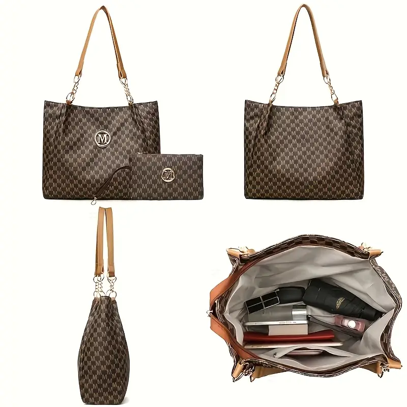 2pcs womens vintage shoulder bag set large capacity tote bag with fixed shoulder strap synthetic zipper closure polyester lining lightweight random print design   daily commuting and carrying cell phones details 8