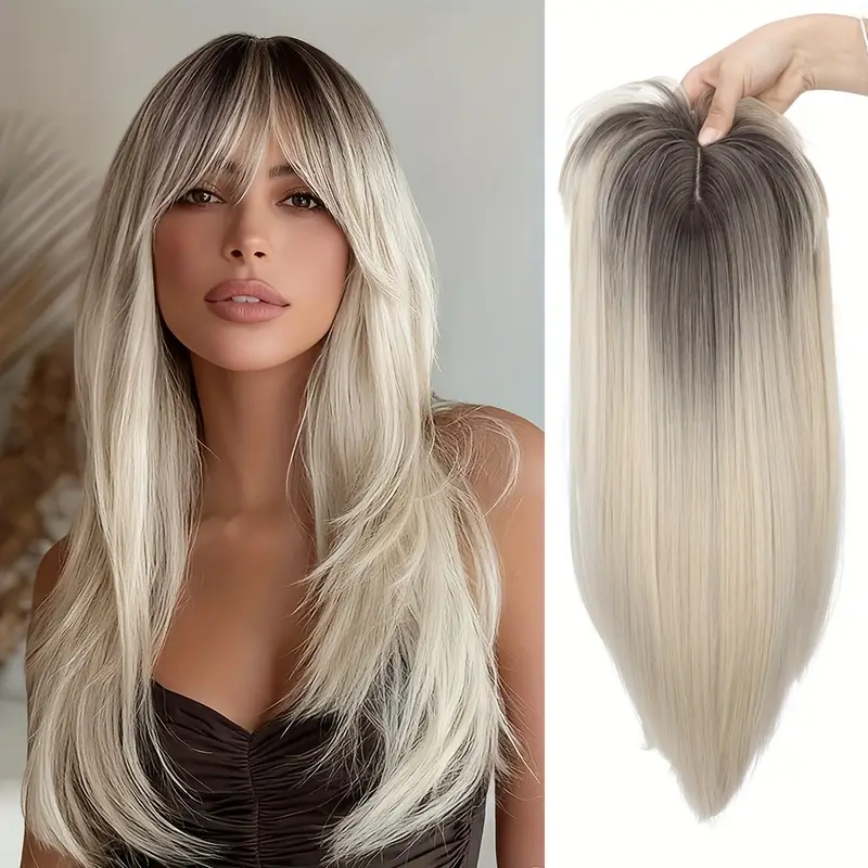 womens 3d   topper with bangs looking straight synthetic hair piece for thinning hair blonde with dark roots frontal scalp coverage for   daily wear hair loss solution Product details 0