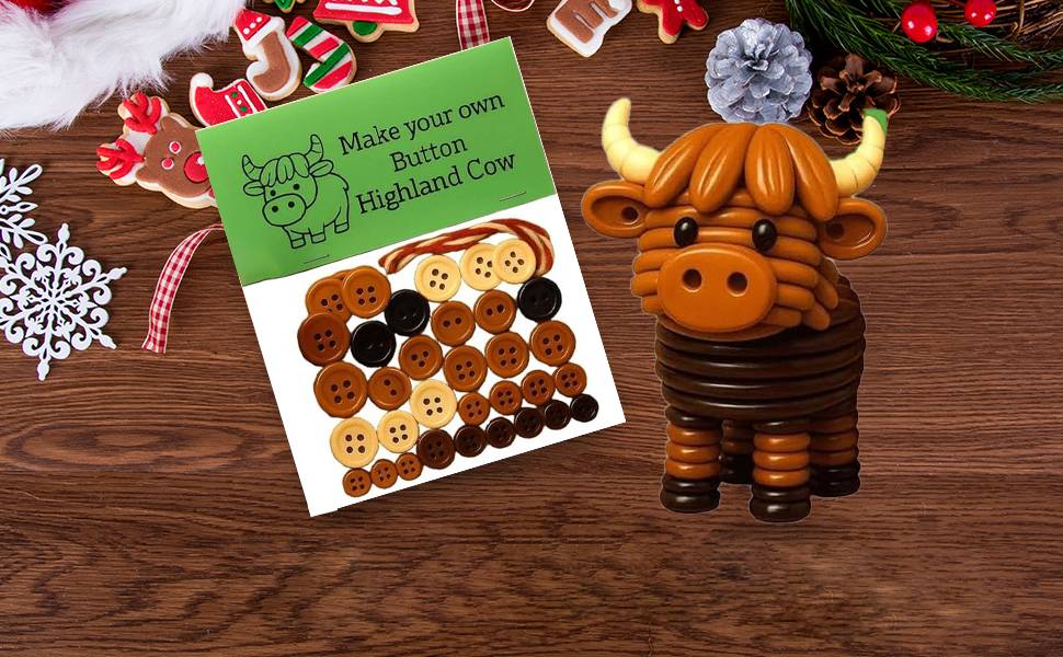 Text reads 'Make your own Highland Cow Gift'. Craft display showing instruction card and completed brown Highland cow decoration with horns made from chocolate cookies.