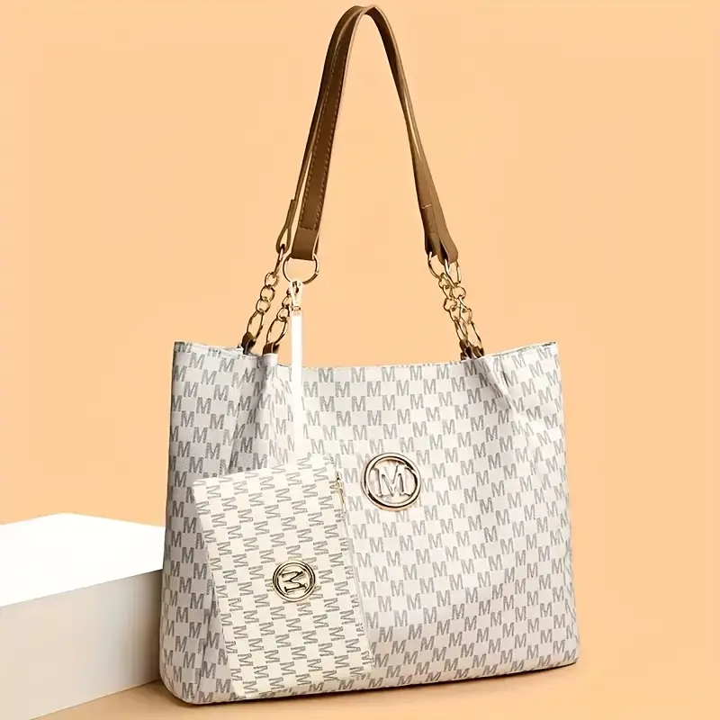 2pcs womens vintage shoulder bag set large capacity tote bag with fixed shoulder strap synthetic zipper closure polyester lining lightweight random print design   daily commuting and carrying cell phones details 7