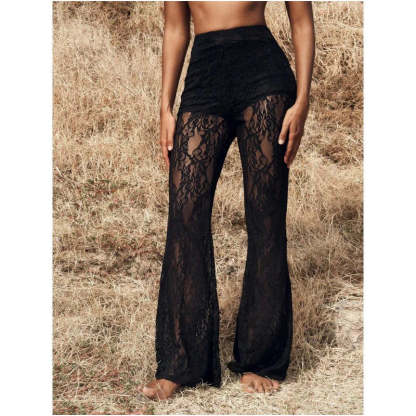 Elegantné čipkované nohavice so zvonovým strihom a vysokým pásom