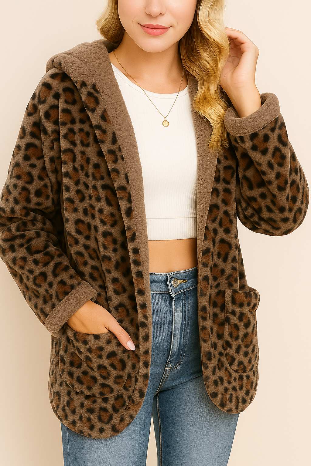 Leopard Hooded Coat with Pockets