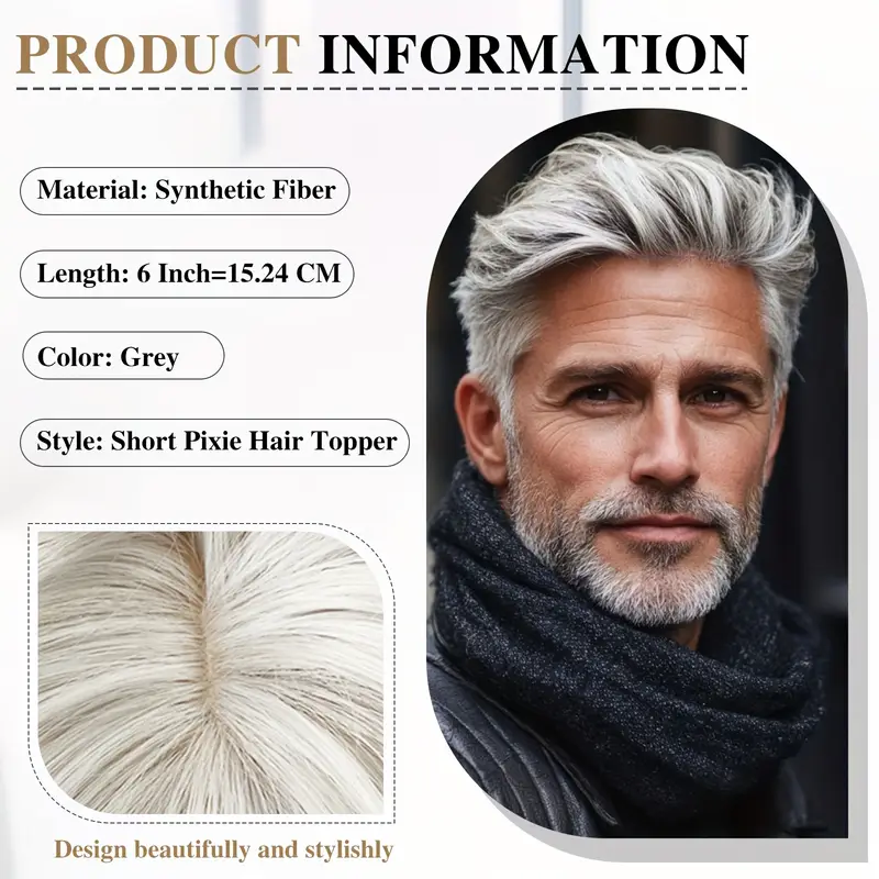 mens clip in short hair topper with grey highlights straight synthetic hairpiece with bangs breathable for thinning hair bald spot coverage volume boosting for men Product details 1