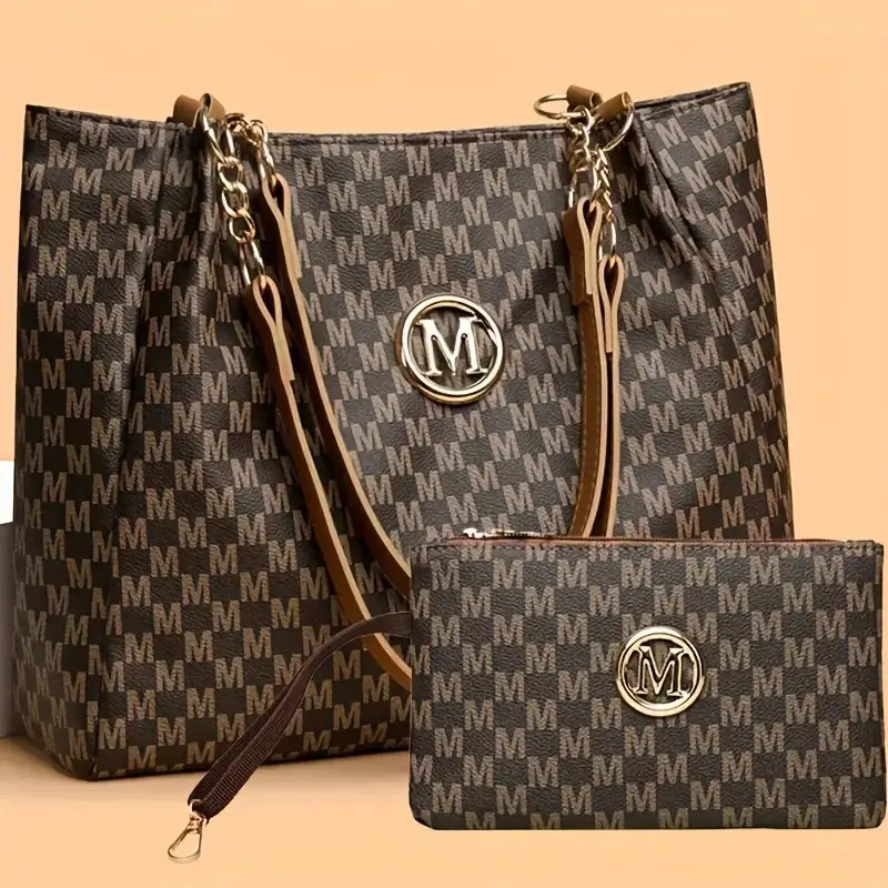 2pcs womens vintage shoulder bag set large capacity tote bag with fixed shoulder strap synthetic zipper closure polyester lining lightweight random print design   daily commuting and carrying cell phones details 3