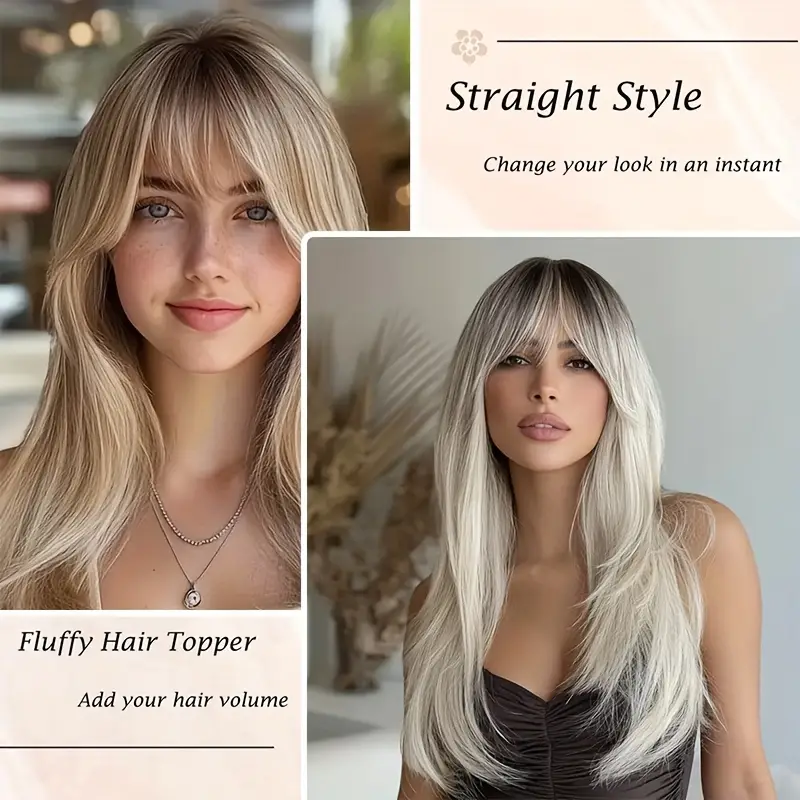 womens 3d   topper with bangs looking straight synthetic hair piece for thinning hair blonde with dark roots frontal scalp coverage for   daily wear hair loss solution Product details 2
