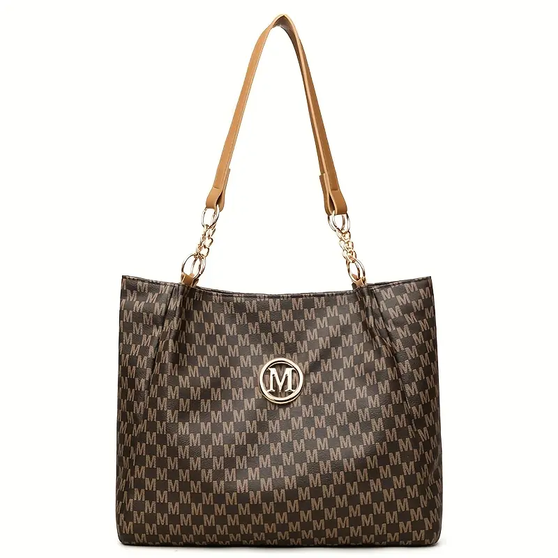 womens vintage   tote bag lightweight large capacity convertible shoulder bag clutch synthetic leather with zipper closure   hardware decorative m emblem for daily   shopping   brown white black travel bag details 8