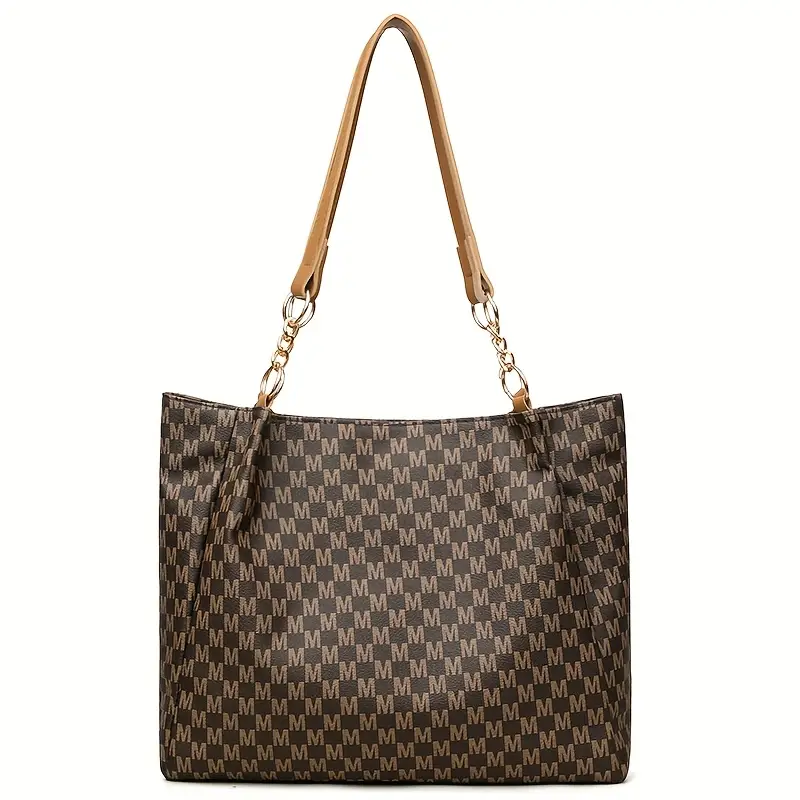 womens vintage   tote bag lightweight large capacity convertible shoulder bag clutch synthetic leather with zipper closure   hardware decorative m emblem for daily   shopping   brown white black travel bag details 11
