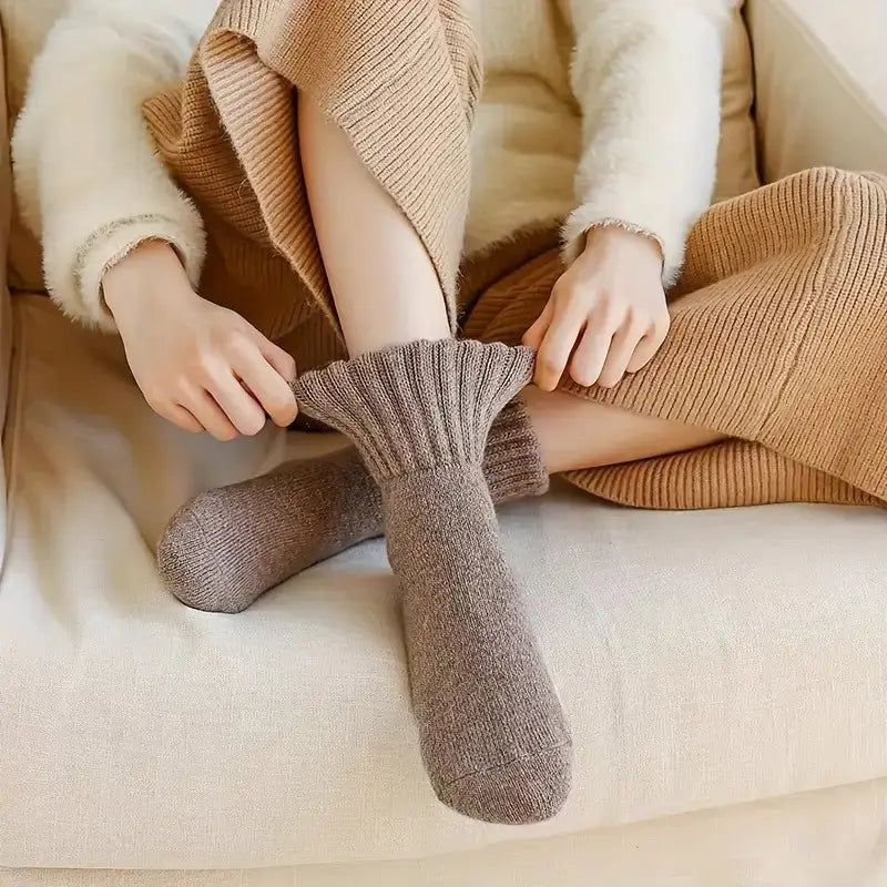1 pair womens winter thermal socks ultra thick short booties with plush scarf like edge soft warm   black gray for indoor outdoor use cozy short ankle boots socks hand   clean Product details 3