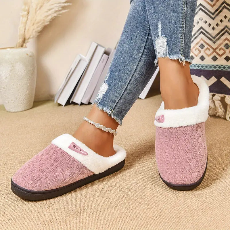 womens slip   slippers with insole non slip backless indoor outdoor shoes plush navy blue winter footwear asian sizes   perfect gift for women mom wife   cold weather footwear ladies slippers fluffy   fur design knitted upper Product details 1