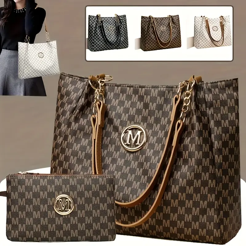 2pcs womens vintage shoulder bag set large capacity tote bag with fixed shoulder strap synthetic zipper closure polyester lining lightweight random print design   daily commuting and carrying cell phones details 1