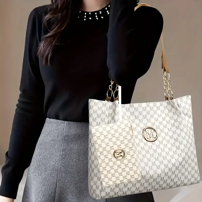 2pcs womens vintage shoulder bag set large capacity tote bag with fixed shoulder strap synthetic zipper closure polyester lining lightweight random print design   daily commuting and carrying cell phones details 7