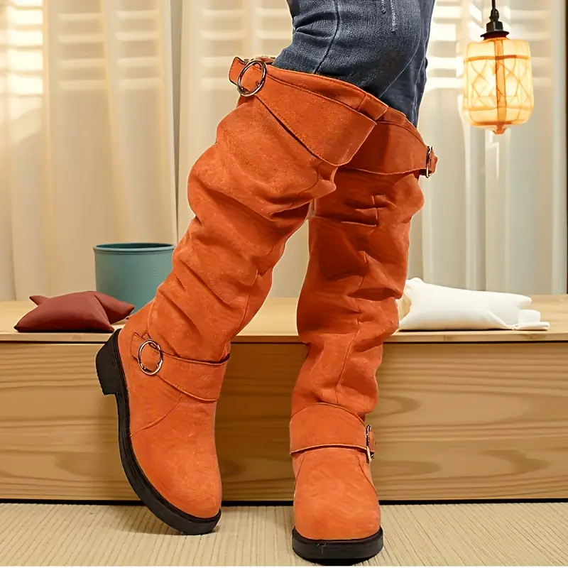 womens retro chunky heel   calf boots with plush lining winter warm round toe pull on knee high boots in black blue   soft synthetic cover cushioned insole versatile casual semi formal shoes for   wear Product details 0