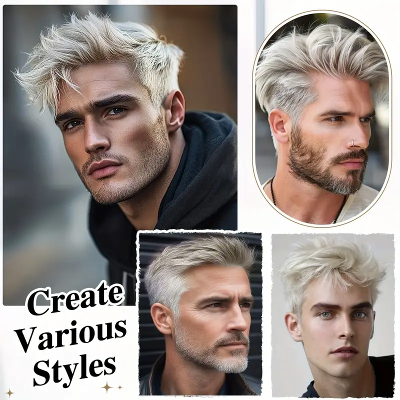 mens clip in short hair topper with grey highlights straight synthetic hairpiece with bangs breathable for thinning hair bald spot coverage volume boosting for men Product details 2