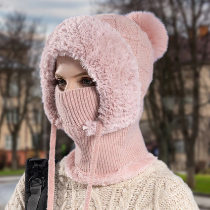 štýlová, hrubá pletená zimná čiapka s teplou pokrývkou tváre a šatkou