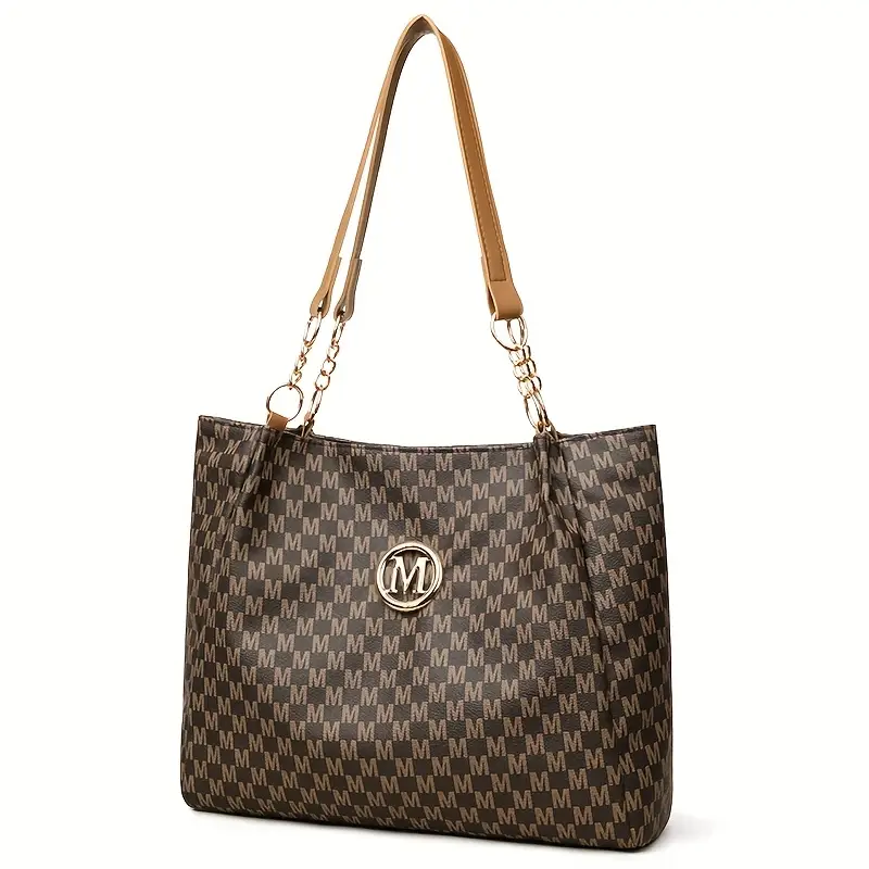 womens vintage   tote bag lightweight large capacity convertible shoulder bag clutch synthetic leather with zipper closure   hardware decorative m emblem for daily   shopping   brown white black travel bag details 9