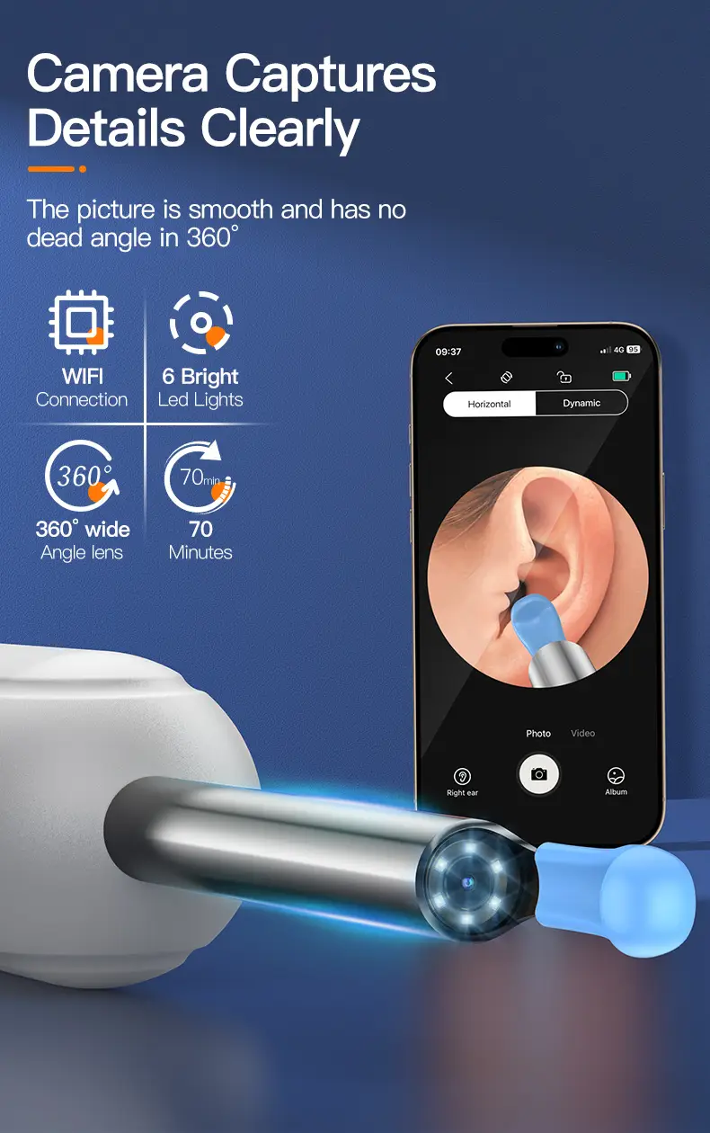   instrument vizual pentru curățarea cerumenului cu cameră și lumină,   6 capace pentru curea de ureche și set de 7 piese, conectabil la wifi, baterie/litium, compatibil cu toate telefoanele mobile,   și confortabil Detaliile articolului 3