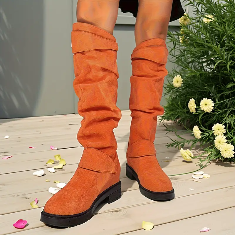 womens retro chunky heel   calf boots with plush lining winter warm round toe pull on knee high boots in black blue   soft synthetic cover cushioned insole versatile casual semi formal shoes for   wear Product details 1