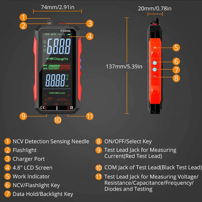 Dobíjací digitálny multimeter s USB - True RMS, automatické prepínanie rozsahu a podsvietený LCD displej, CAT III 1000V